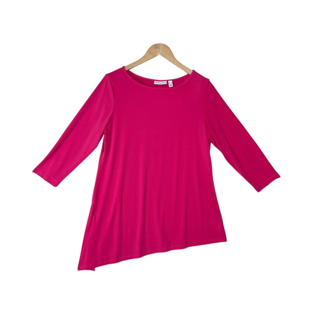 Susan Graver Asymmetrical Hem Liquid Knit Top Blouse Tunic Sandy Hot Pink Size M